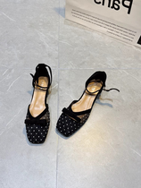 Small ckerwin toe sandals 2024 new polka dot bow fairy buckle square toe low heel shoes