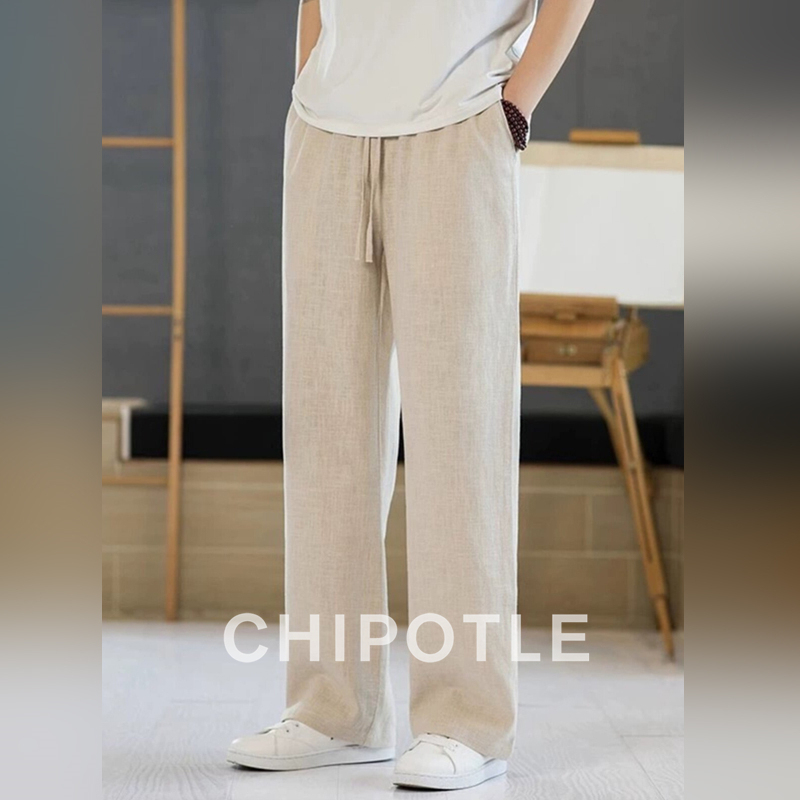 Korean Chipotle High-End Solid Color Linen Casual Pants for Men, 2026 Summer Cotton-Linen Wide-Leg Floor-Length Straight Pants