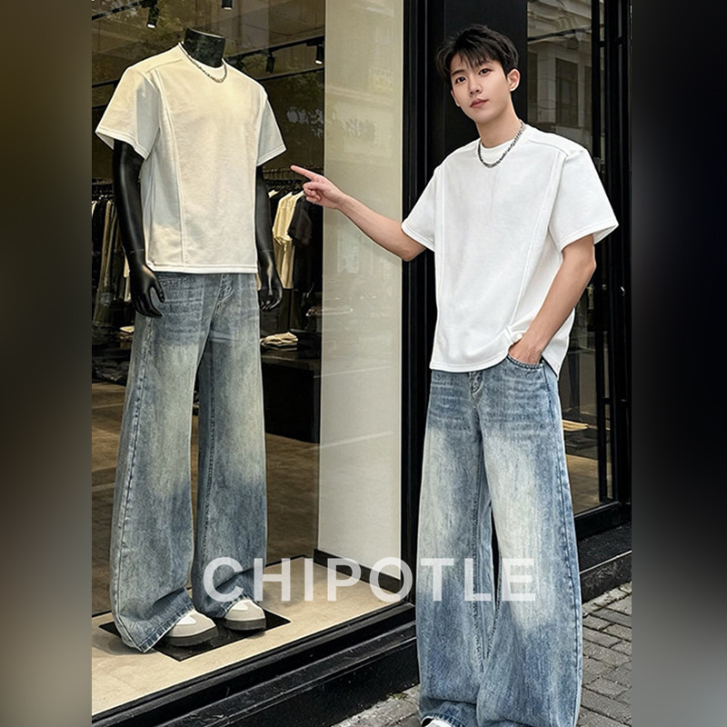Korean Chipotle White Straight-Shoulder Patchwork Short-Sleeve T-Shirt for Men, 2026 Summer Cleanfit American Style Half-Sleeve