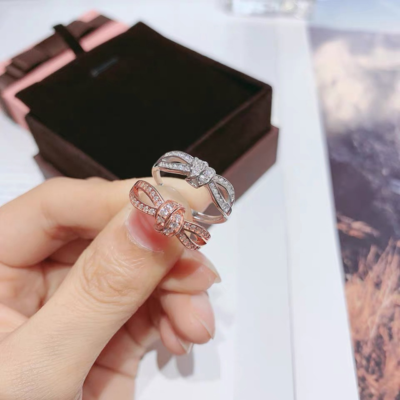 S925 pure silver micro-inlaid diamond ring female tie-edge butterfly knot rose gold female ring engaged platinum simulation drill ring