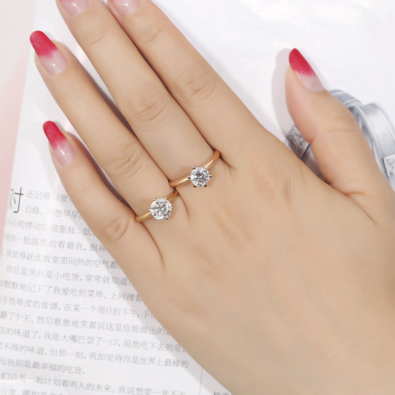 18k gold ring female color gold inlaid moissanite rose gold female ring simulation classic six-claw diamond ring 1 carat diamond