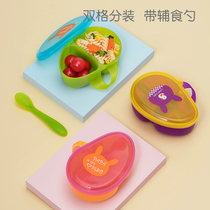  Heguo baby baby childrens auxiliary food bowl spoon tool cartoon grid eating rice paste portable out-of-home bowl tableware set