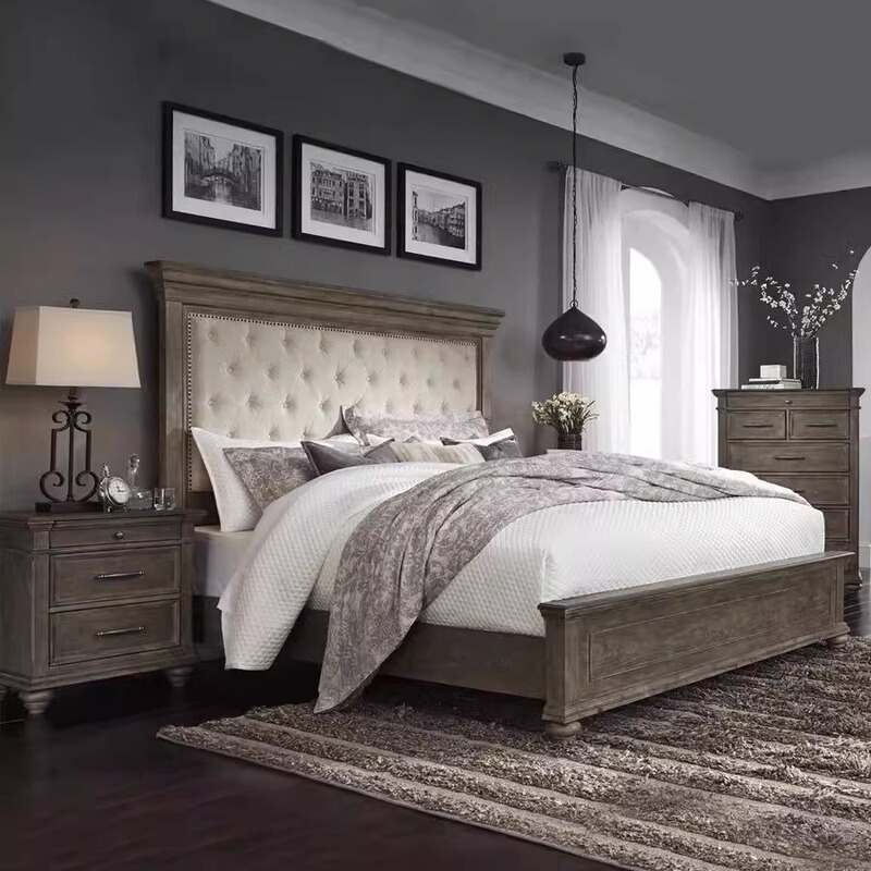 American-Style Vintage Solid Wood Bed for Master Bedroom, Luxury Wedding Bed with Carved Tufted Headboard, 1.8m Double Bed, High-End Large Bed