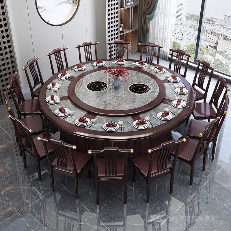 Hotel Large Round Table Electric Rock Board Marble Solid Wood 15 20 People Hotel Bag Compartment With Turntable Table And Chairs Combination