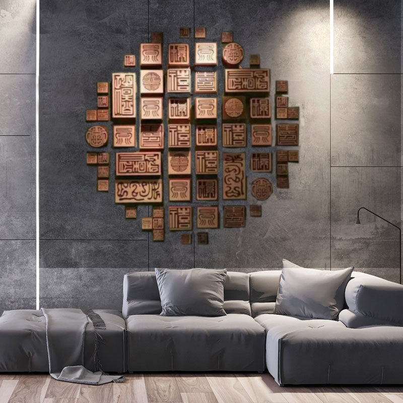 Entrance wall decoration dining room model room sofa background wall modern Chinese light red seal wood carving art pendant