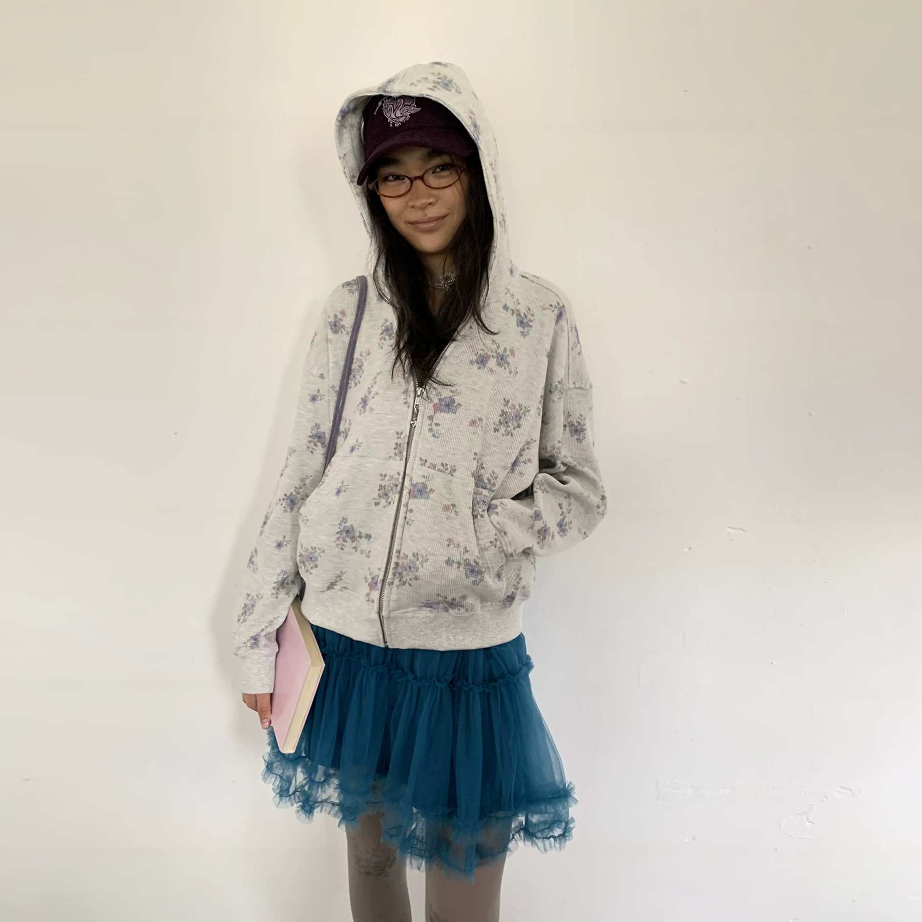 Спортивная кофта с капюшоном, набор юбка, набор, цветочный принт