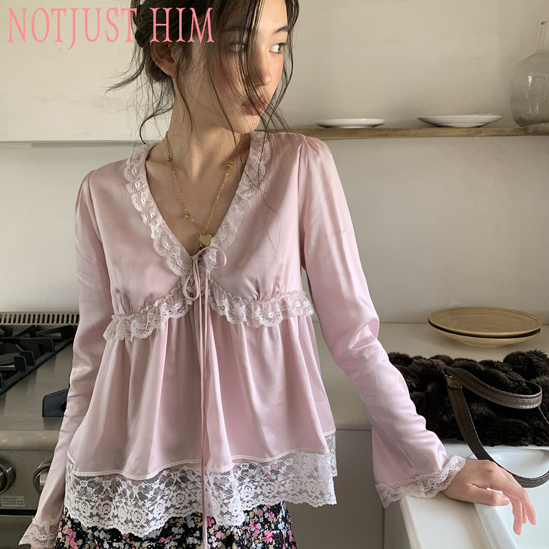 Flower Raft Notjusthim Cherry Blossom Pink Glossy Tencel Satin Spliced French Lace V-Neck Tie Shirt Flower Raft Notjusthim Cherry Blossom Pink Glossy Tencel Satin Spliced French Lace V-Neck Tie Shirt