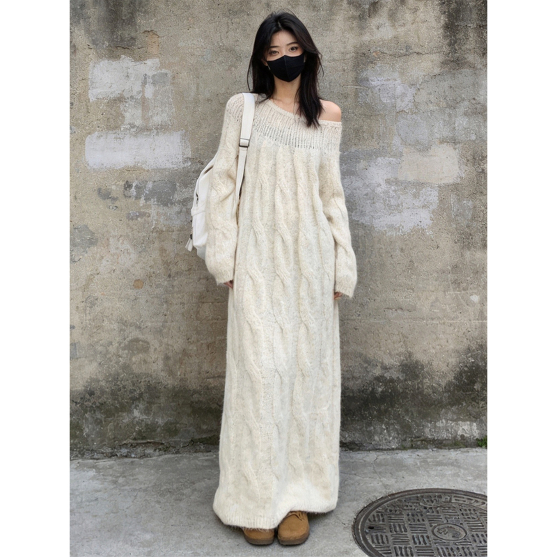 French Style Lazy Style Off-Shoulder Knitted Dress for Women in Autumn and Winter New Style Loose and Slimming Off-White Long Sweater Dress French Style Lazy Style Off-Shoulder Knitted Dress for Women in Autumn and Winter New Style Loose and Slimming Off-White Long Sweater Dress