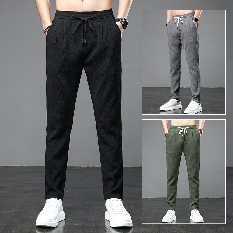 Summer ultra-thin men's casual pants loose straight Joker ice silk trousers summer quick-drying ankle-length pants seed cotton linen