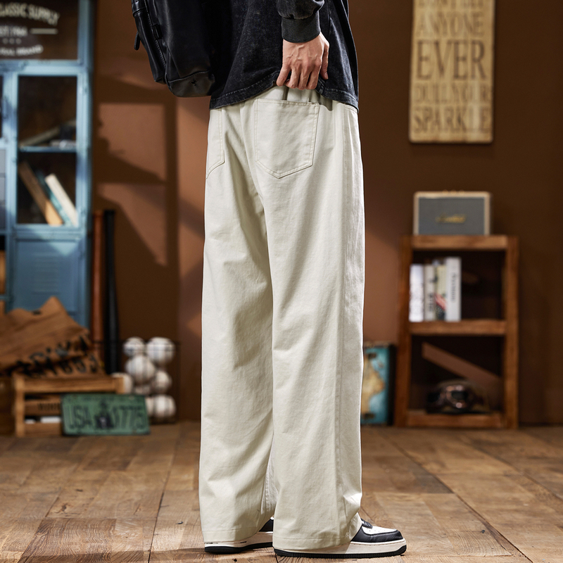 Off-White Pure Cotton Casual Pants for Men, 2026 Summer Thin Style, American Trendy Brand, Loose Fit, Straight-Leg Sports Pants for Autumn