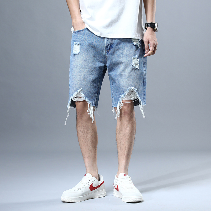 Denim quần short nam mùa hè mỏng Hàn Quốc phiên bản của xu hướng trăm lỗ thẳng lỏng ăn xin thường quần năm điểm