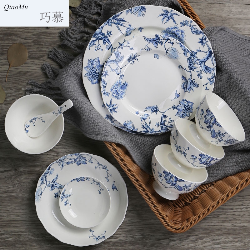 Qiao longed for blue and white porcelain tableware suit household bowls of ipads plate of jingdezhen ceramic dishes suit Chinese use chopsticks