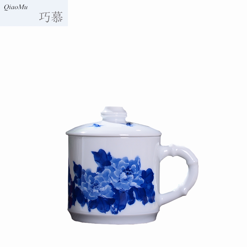 Qiao mu jingdezhen ceramic cups with cover household under glaze blue and white office gift custom hand - made color tea cup