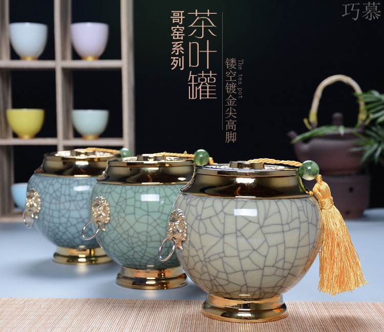Qiao mu ceramic gold - plated caddy fixings large elder brother up with crack celadon seal storage jar, black tea, green tea package