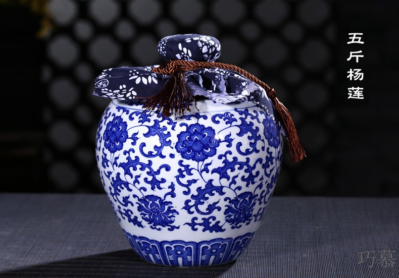 Qiao mu 2 jins of three jin of 5 jins of jingdezhen blue and white porcelain ceramic wine bottle is empty jar hip 10 jins to wine
