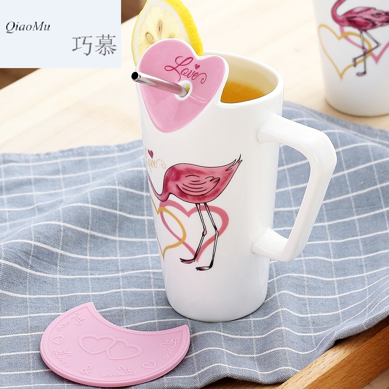 Qiao mu WLS water glass ceramic coffee cup, lovely move creative trend straw keller with cover