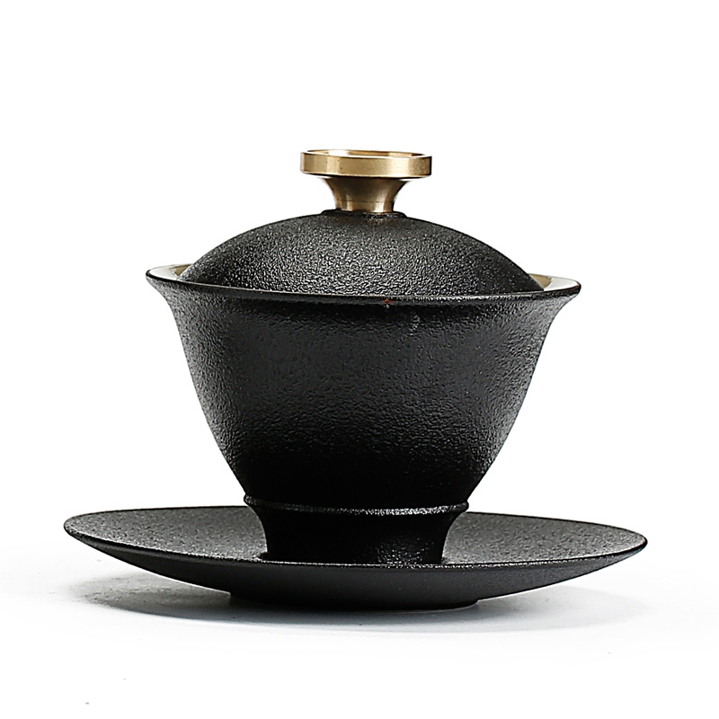 Qiao MuChan wind black glaze covered bowl of black stone three bowls of kung fu tea cups coarse pottery tea tureen household