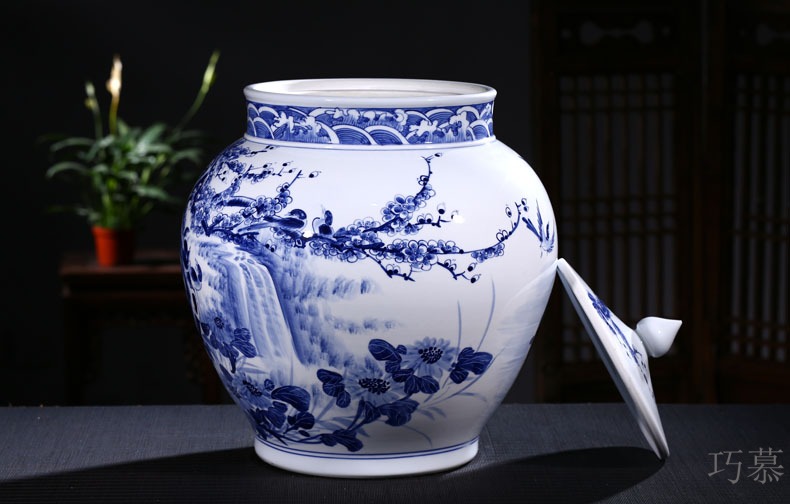 Qiao mu jingdezhen ceramic barrel ricer box storage tank hand under glaze blue and white color tea cylinder adornment ornament porcelain altar