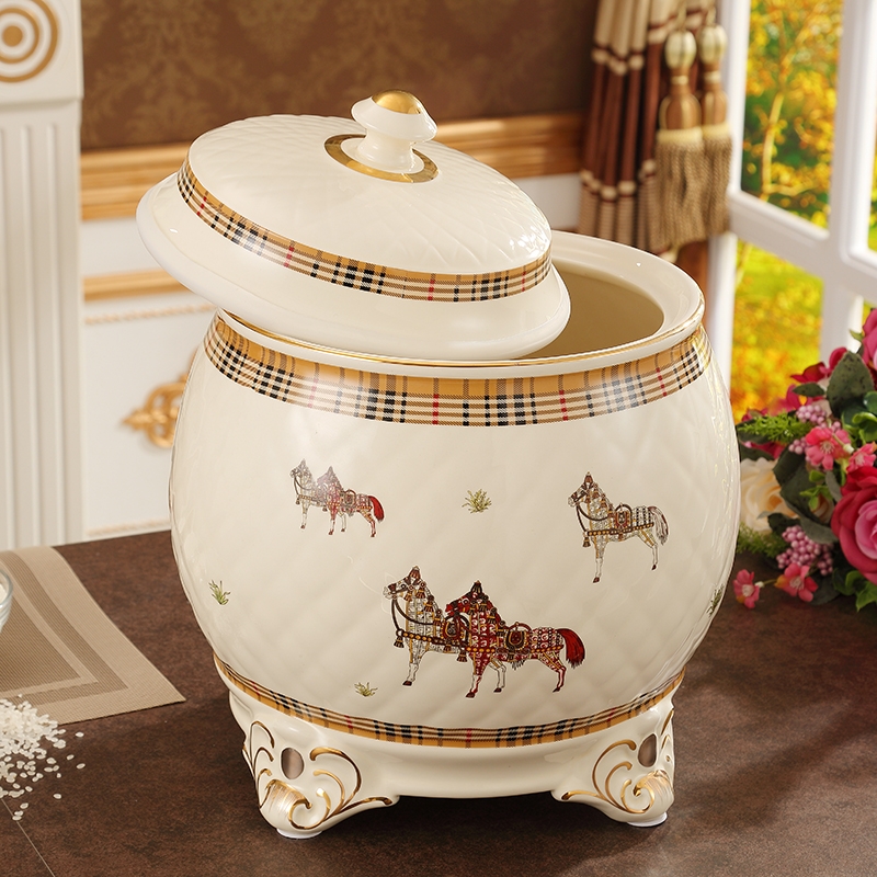 Qiao mu European ceramic barrel ricer box with a cover on storage bins moistureproof bug 10 jins 20 jins kitchen oil cylinder storage tank capacity