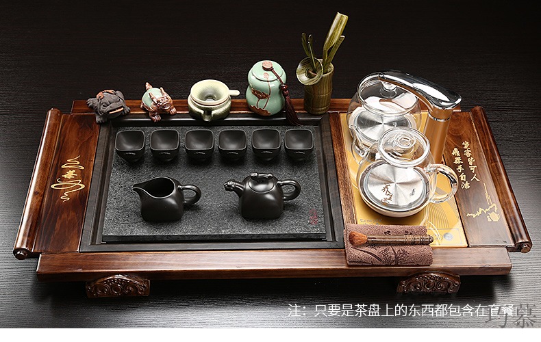 Qiao mu kung fu of a complete set of ceramic tea set domestic glass automatic induction cooker real wood sharply stone tea tray