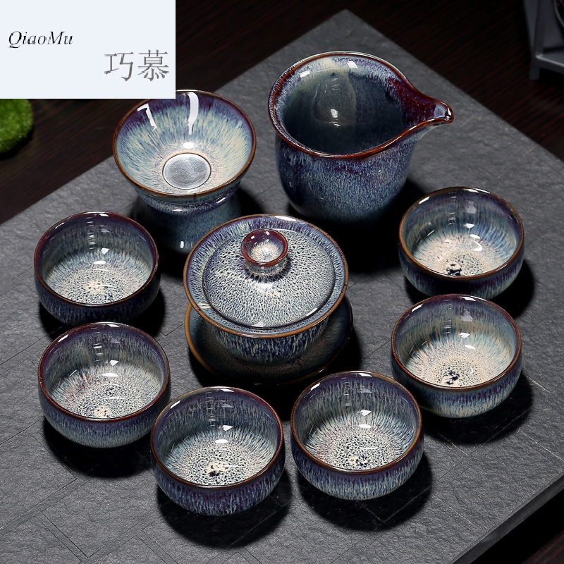 Qiao mu silver household ceramics jingdezhen kung fu silver tea set bladder built lamp round drum teapot obsidian tureen