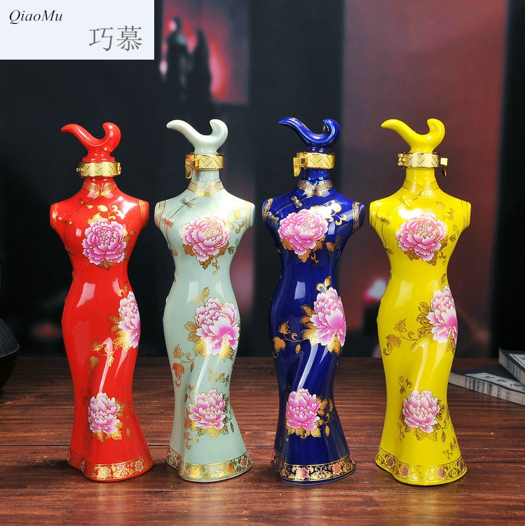 Qiao mu 1 catty jingdezhen ceramic bottle 1 catty capacity four cheongsam beauty JinHe seal wine wine jar