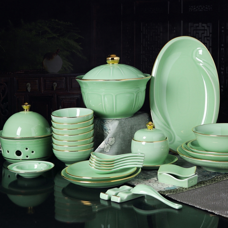 Qiao mu jingdezhen shadow porcelain tableware suit household combination of high - grade Chinese celadon bowls plates club table dinner
