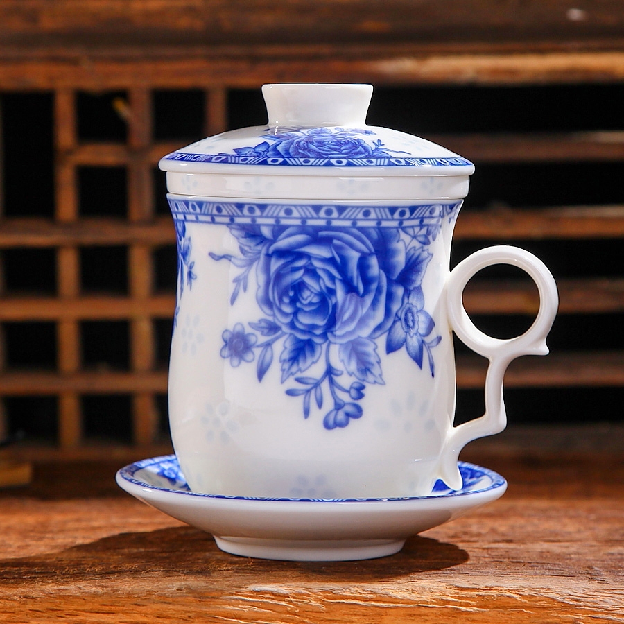 Qiao mu of jingdezhen blue and white porcelain cup 4 times of office filter cup gift cup cup with cover