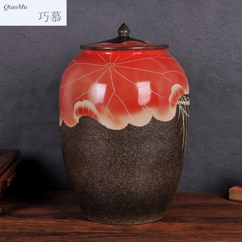 Qiao mu jingdezhen ceramic barrel ricer box 50 kg pack household with cover storage rice jar of pickles, flour water oil cylinder