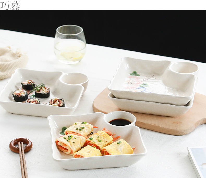 Qiao mu four dumplings plate 】 household vinegar dish creative Japanese rectangle ceramic tableware dishes dumplings