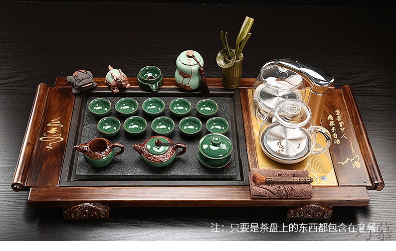 Qiao mu kung fu of a complete set of ceramic tea set domestic glass automatic induction cooker real wood sharply stone tea tray