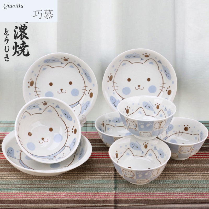 Qiao mu Japanese cartoon dishes, tableware ceramics creative lovely children home blue ear soup bowl bowl plate