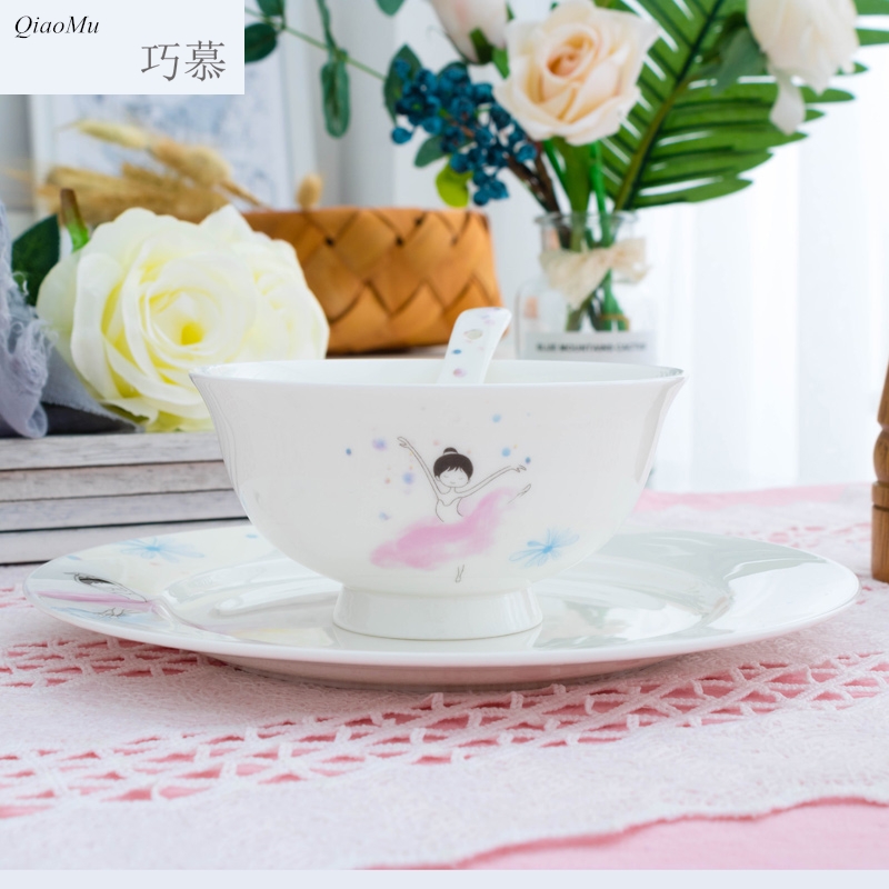 Qiao mu rice dishes suit household pink cartoon 0 single and double the romantic and lovely young girl heart of ceramic tableware