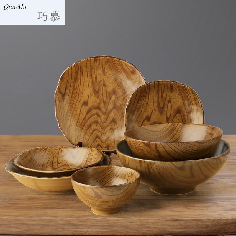 Qiao mu Japanese rice bowl taste thousand la rainbow such as bowl bowl large household creative wood grain ceramic tableware dishes dishes