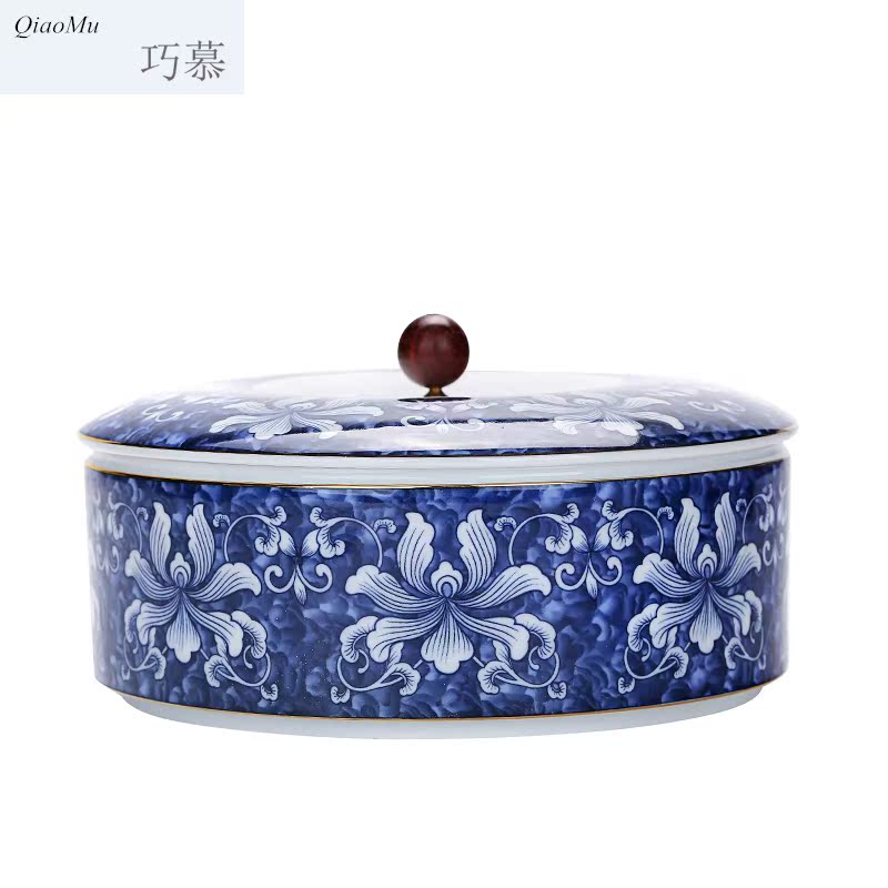 Qiao mu large puer tea box of blue and white porcelain ceramic tea pot tea POTS of tea cake box sealing detong to wake