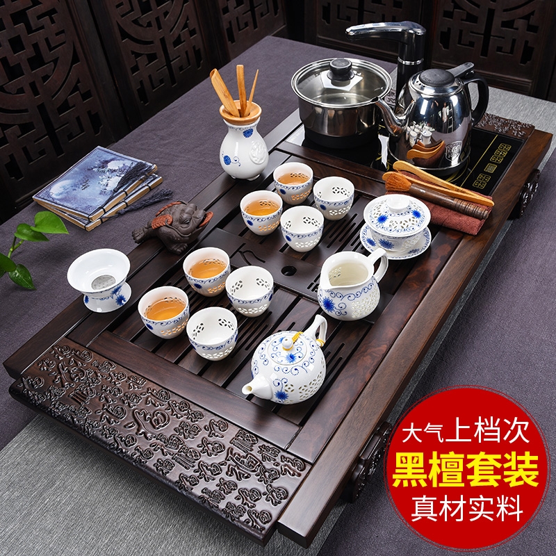 Qiao mu ebony wood tea tray was kung fu tea set of household ceramic tea tea table of a complete set of four unity
