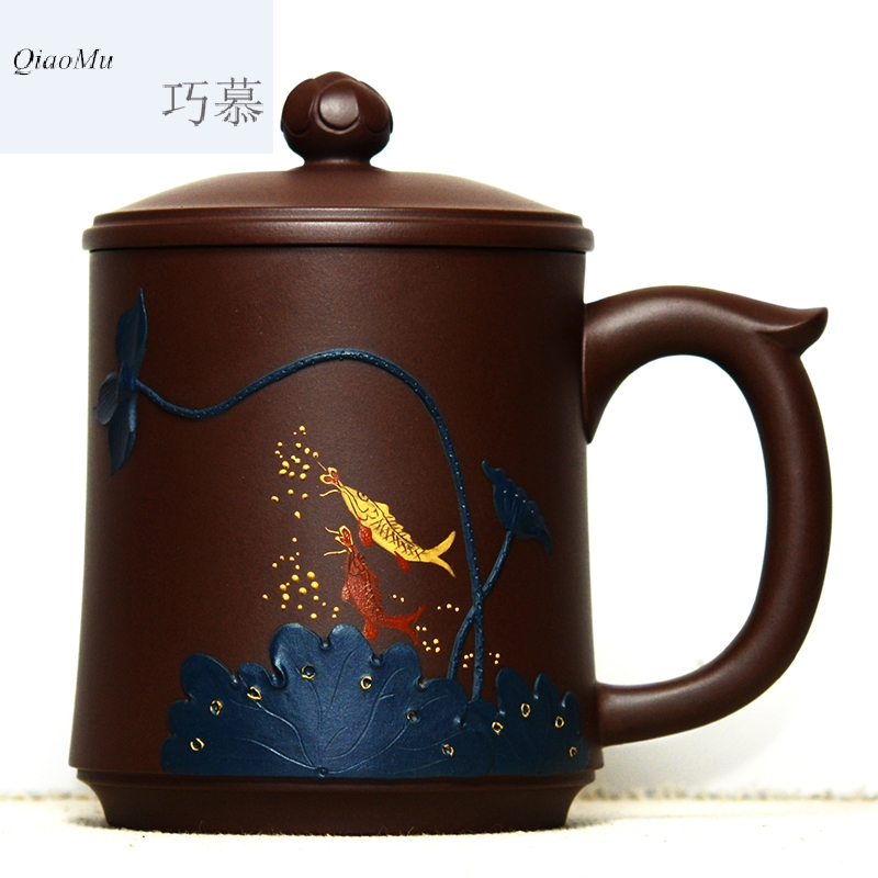 Qiao mu QD famous purple sand cup manually make tea cup yixing boutique collection lotus purple clay green belt cover cup of the republic of China