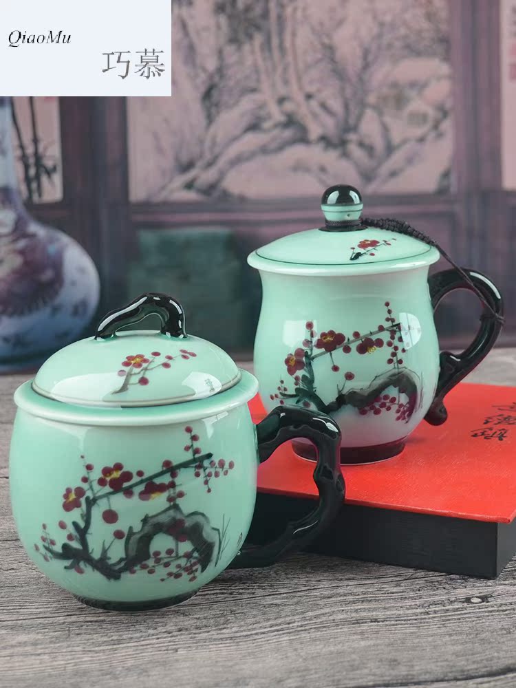 Qiao mu ZHQ jingdezhen hand - made ceramic cup with cover cup home office mark cup gift set celadon