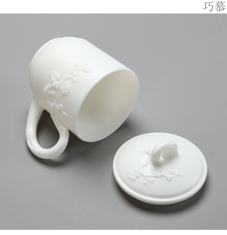 Qiao mu dehua white porcelain cup getting office tea cup of high - grade ceramic cups with cover mark cup without glaze surface