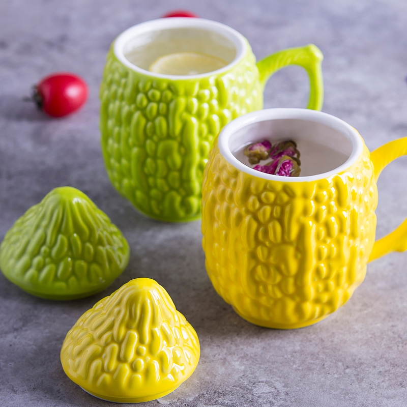 Qiao mu creative ceramic cup sweet balsam pear mark cup office contracted coffee cup couples cup with cover of water