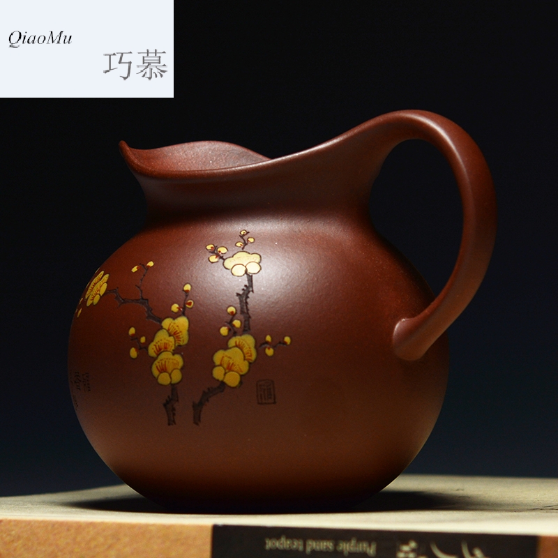 Qiao mu QD yixing it kung fu tea set pure purple clay large carved manually draw stippling name plum flower fair keller cups