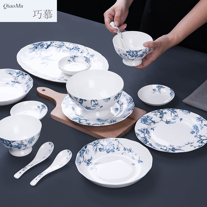 Qiao longed for blue and white porcelain tableware suit household bowls of ipads plate of jingdezhen ceramic dishes suit Chinese use chopsticks