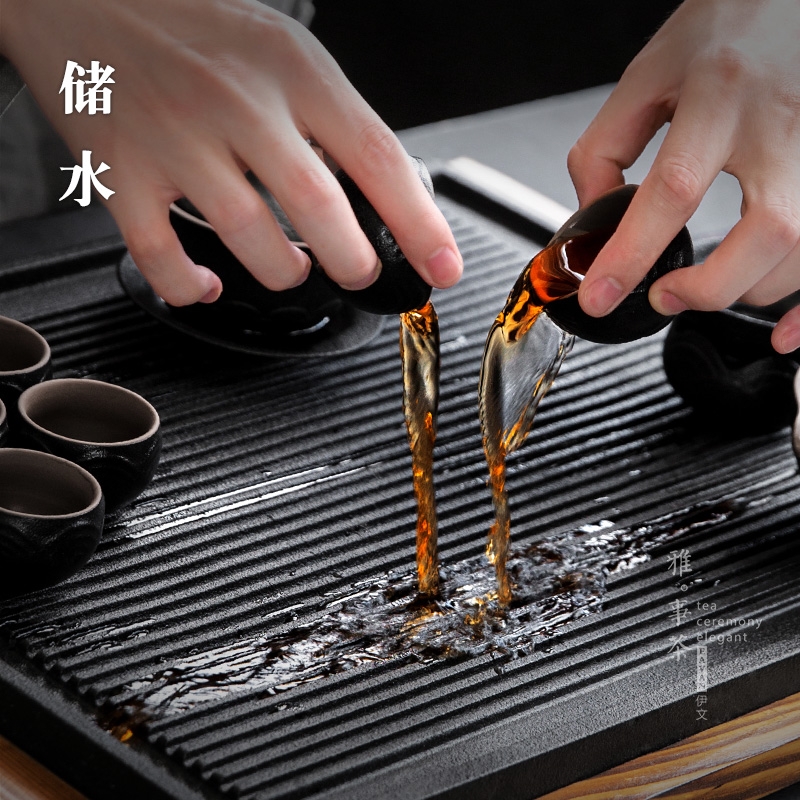 Qiao mu YWT rectangle big household drainage ground tea storage container wood base ceramic tea tea saucer