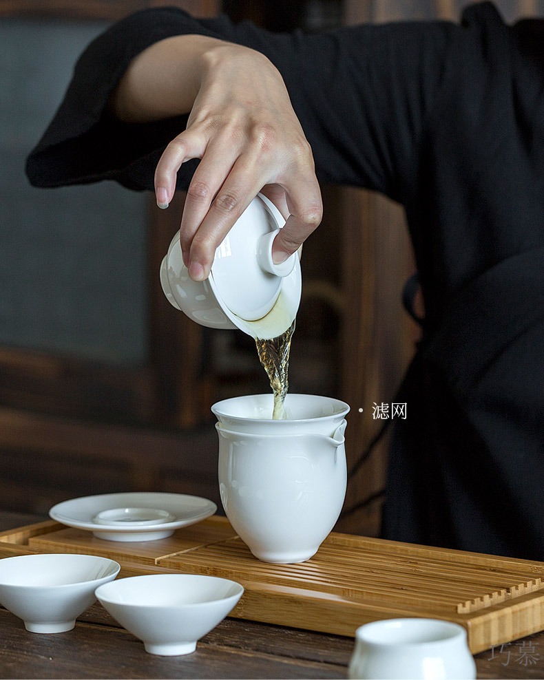 Qiao mu dehua white porcelain tea set suit small household 6 sets of kung fu tea set contracted tureen tea POTS hat to CPU