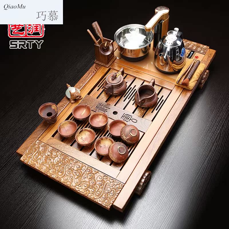 Qiao mu chicken wings wood tea set suit household purple high - grade kung fu tea set solid wood tea tray induction cooker