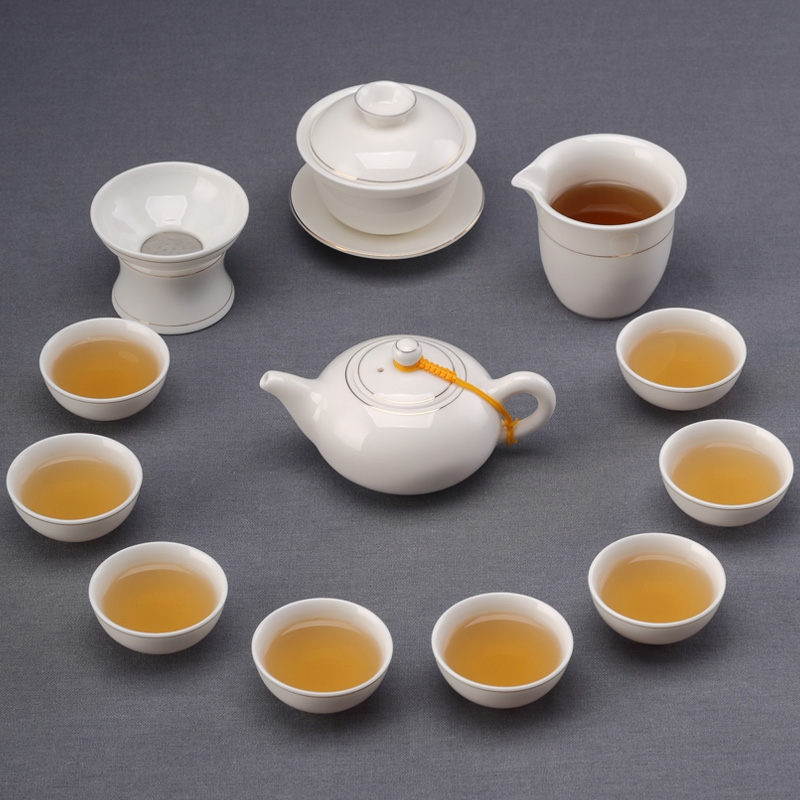 Qiao mu suet jade porcelain kung fu tea set dehua white porcelain tea teapot teacup home sitting room of a complete set of 6