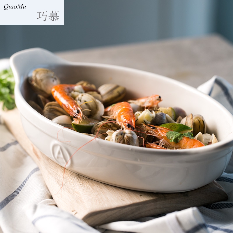 Qiao mu creative ceramic white double handle pan baked cheese paella pan microwave oven baking tray
