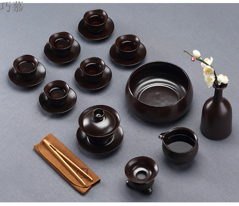 Qiao mu kongfu tea pot set household contracted and I tea set simple pottery and porcelain of a complete set of 6 cups to wash