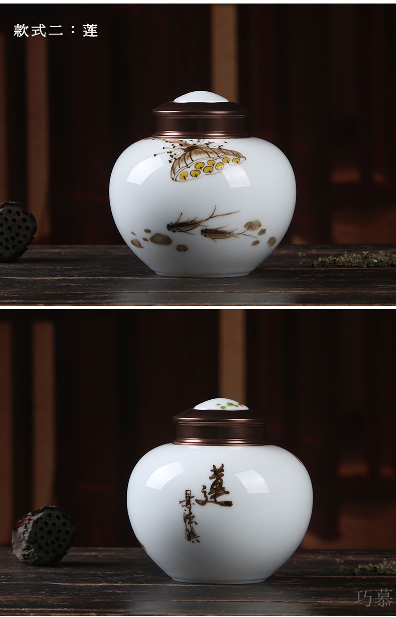 Qiao mu seal caddy fixings pure hand - made porcelain of jingdezhen ceramic half jins of puer tea, green tea store receives the gift