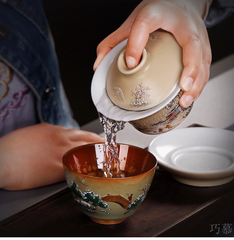 Qiao mu PMZ jingdezhen pure manual tureen cup three glass ceramics retro hand - made the home of kung fu tea set